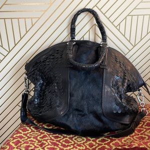 Black leather/calf hair satchel/tote bag